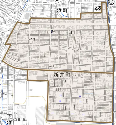 新井町とその周辺の地図。町の範囲を重ねている