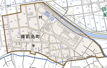 備前島町とその周辺の地図。町の範囲を重ねている