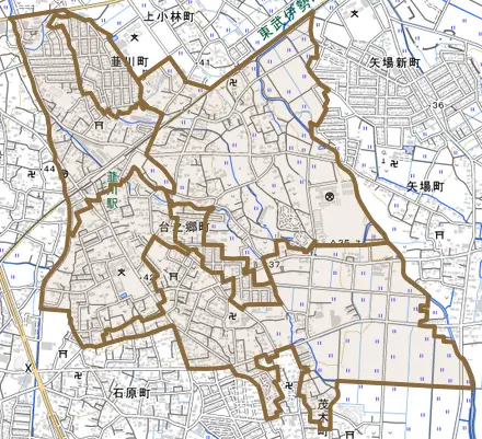 台之郷町とその周辺の地図。町の範囲を重ねている