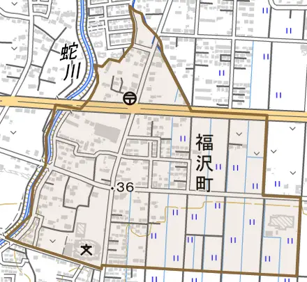 福沢町とその周辺の地図。町の範囲を重ねている