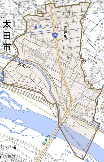 古戸町とその周辺の地図。町の範囲を重ねている