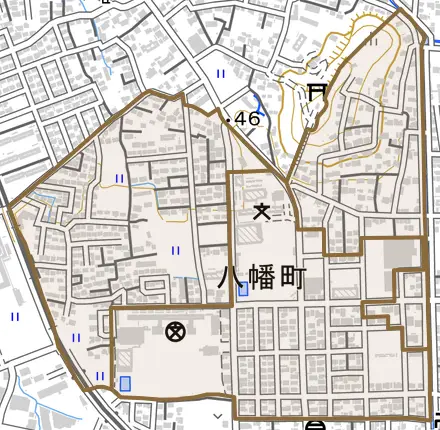 八幡町とその周辺の地図。町の範囲を重ねている