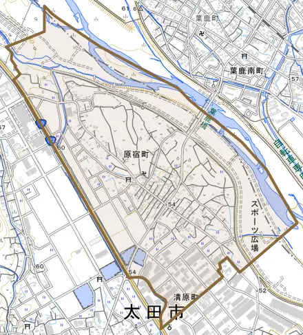 原宿町とその周辺の地図。町の範囲を重ねている