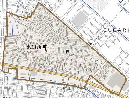 東別所町とその周辺の地図。町の範囲を重ねている