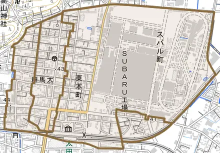 東本町とその周辺の地図。町の範囲を重ねている