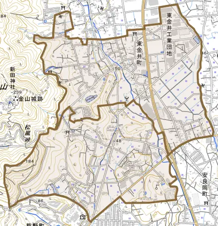 東金井町とその周辺の地図。町の範囲を重ねている
