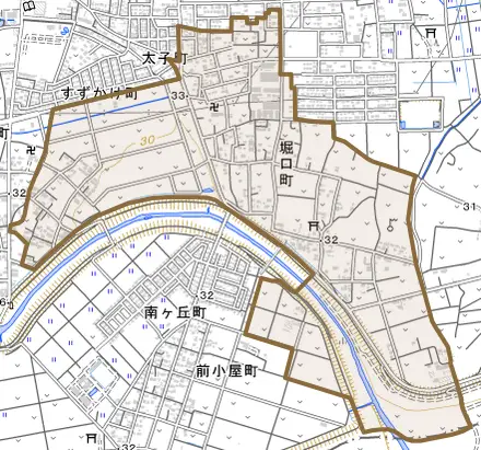 堀口町とその周辺の地図。町の範囲を重ねている