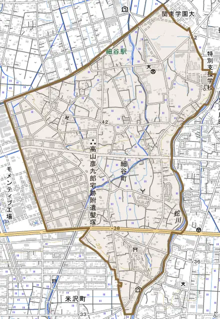 細谷町とその周辺の地図。町の範囲を重ねている