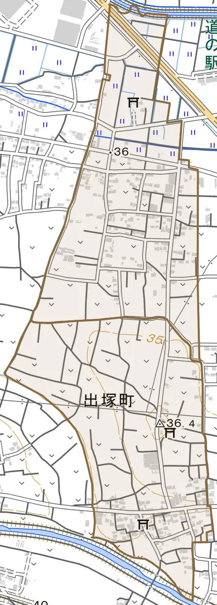 出塚町とその周辺の地図。町の範囲を重ねている