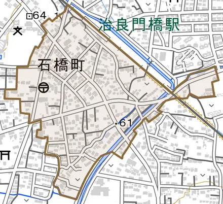 石橋町とその周辺の地図。町の範囲を重ねている