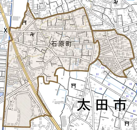 石原町とその周辺の地図。町の範囲を重ねている