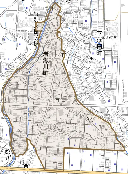 岩瀬川町とその周辺の地図。町の範囲を重ねている
