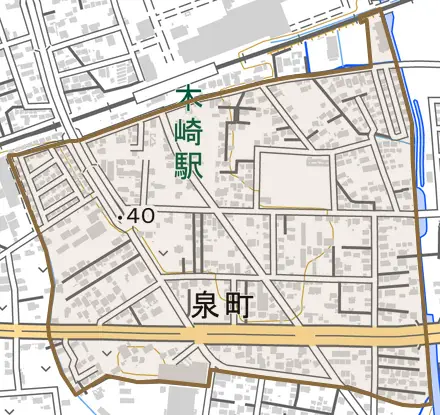 泉町とその周辺の地図。町の範囲を重ねている