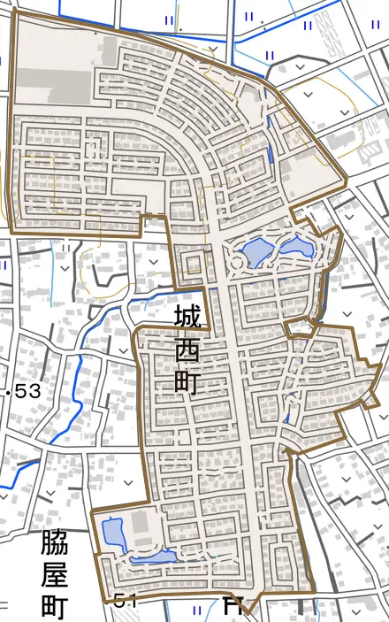 城西町とその周辺の地図。町の範囲を重ねている