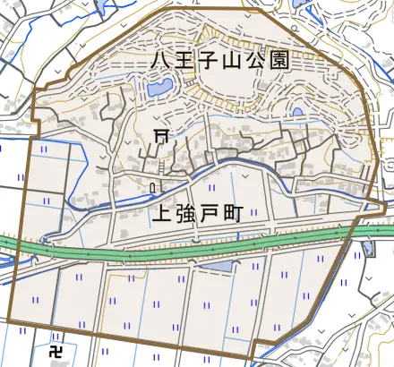 上強戸町とその周辺の地図。町の範囲を重ねている