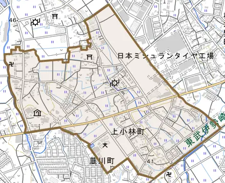 上小林町とその周辺の地図。町の範囲を重ねている
