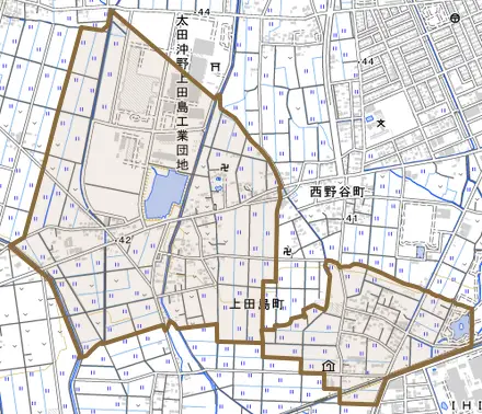 上田島町とその周辺の地図。町の範囲を重ねている