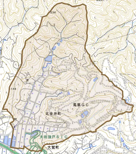 北金井町とその周辺の地図。町の範囲を重ねている