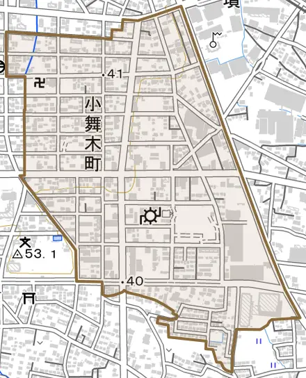 小舞木町とその周辺の地図。町の範囲を重ねている