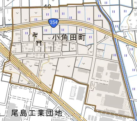 小角田町とその周辺の地図。町の範囲を重ねている