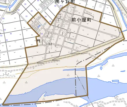 前小屋町とその周辺の地図。町の範囲を重ねている