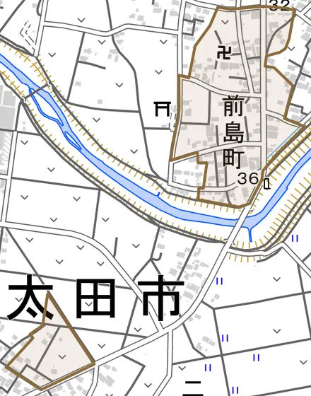 前島町とその周辺の地図。町の範囲を重ねている