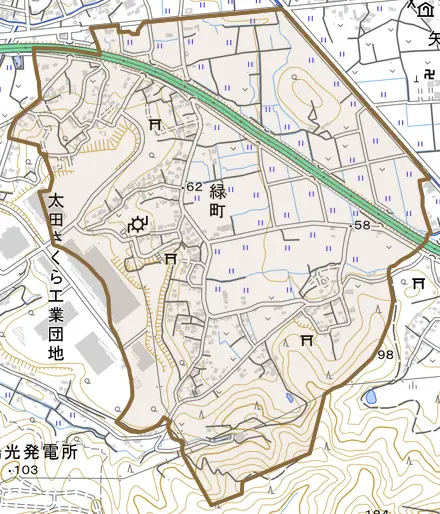 緑町とその周辺の地図。町の範囲を重ねている