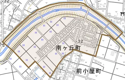 南ヶ丘町とその周辺の地図。町の範囲を重ねている