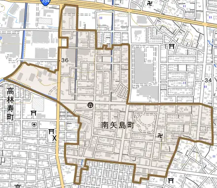 南矢島町とその周辺の地図。町の範囲を重ねている