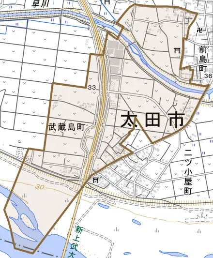 武蔵島町とその周辺の地図。町の範囲を重ねている