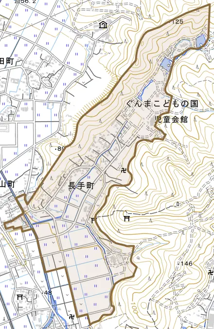 長手町とその周辺の地図。町の範囲を重ねている