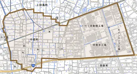 中根町とその周辺の地図。町の範囲を重ねている