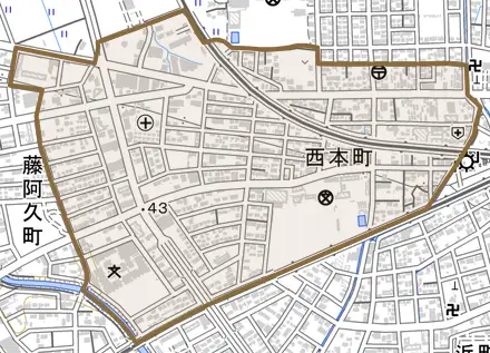 西本町とその周辺の地図。町の範囲を重ねている