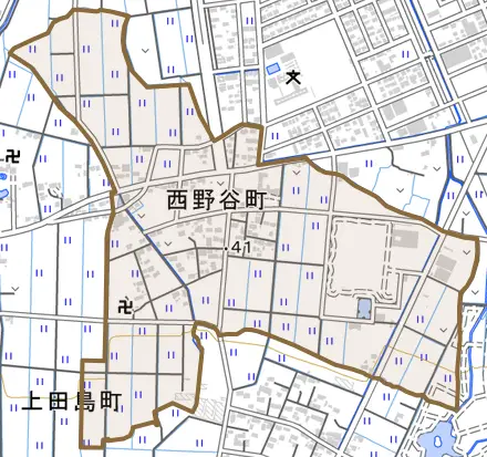 西野谷町とその周辺の地図。町の範囲を重ねている