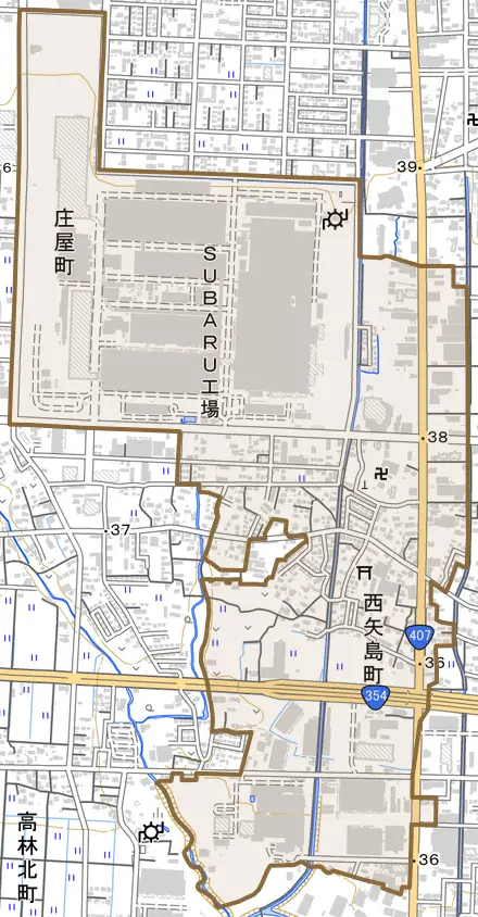 西矢島町とその周辺の地図。町の範囲を重ねている