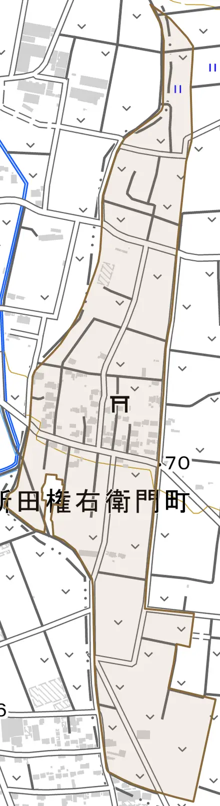 新田権右衛門町とその周辺の地図。町の範囲を重ねている