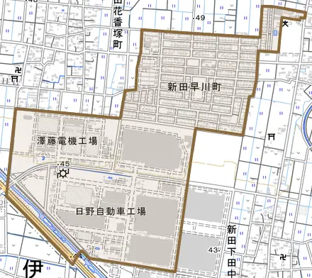 新田早川町とその周辺の地図。町の範囲を重ねている