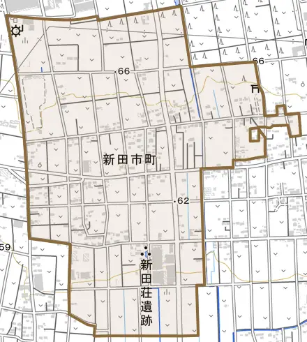 新田市町とその周辺の地図。町の範囲を重ねている