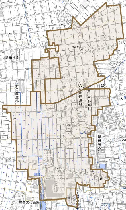 新田市野井町とその周辺の地図。町の範囲を重ねている