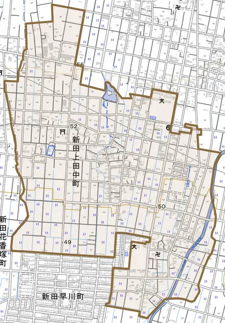 新田上田中町とその周辺の地図。町の範囲を重ねている