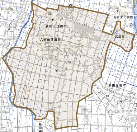 新田上江田町とその周辺の地図。町の範囲を重ねている