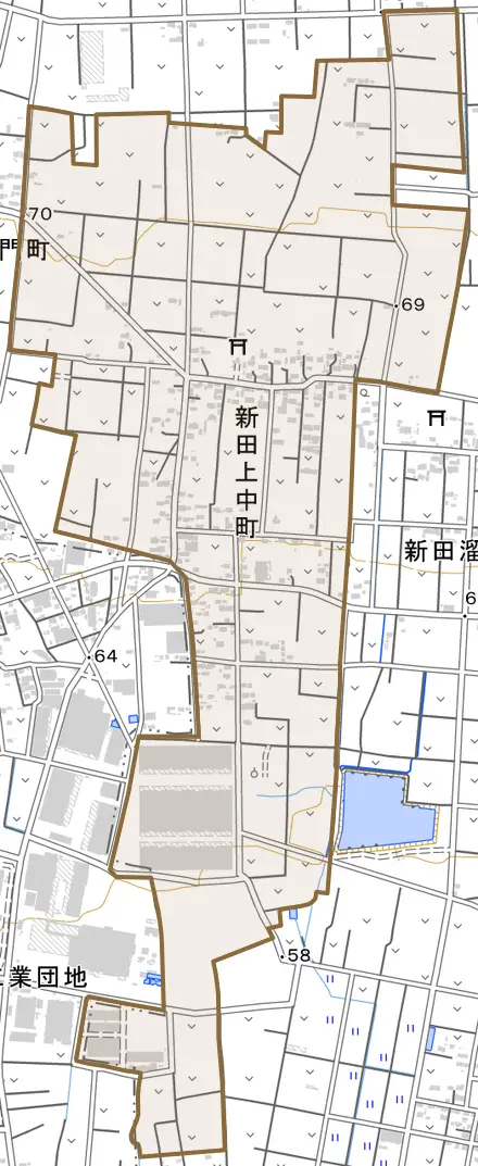 新田上中町とその周辺の地図。町の範囲を重ねている