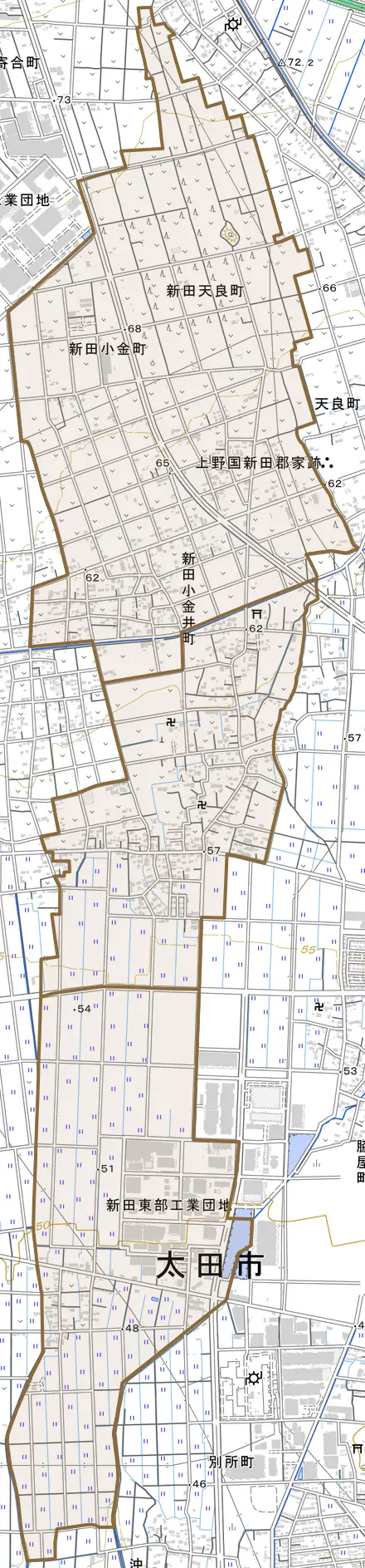 新田小金井町とその周辺の地図。町の範囲を重ねている
