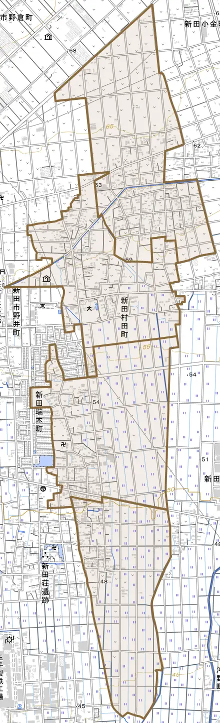 新田村田町とその周辺の地図。町の範囲を重ねている