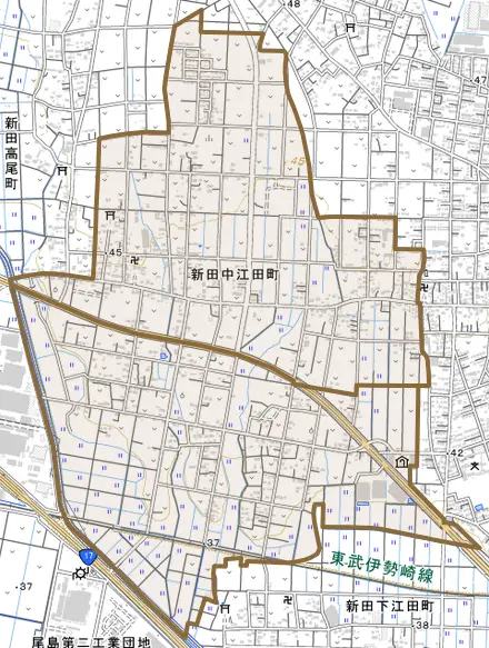 新田中江田町とその周辺の地図。町の範囲を重ねている