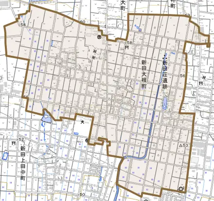 新田大根町とその周辺の地図。町の範囲を重ねている