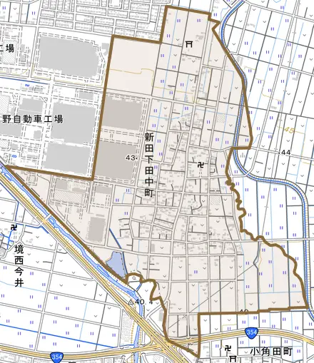 新田下田中町とその周辺の地図。町の範囲を重ねている