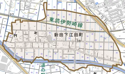 新田下江田町とその周辺の地図。町の範囲を重ねている