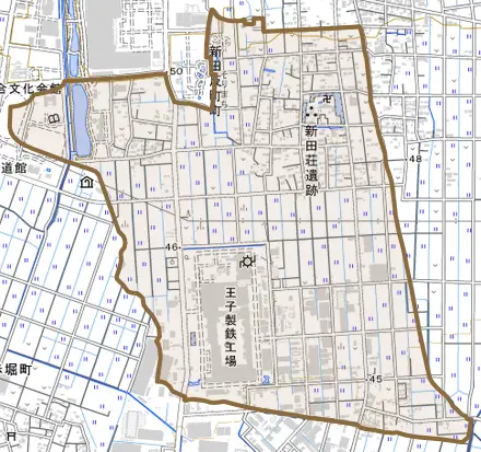 新田反町町とその周辺の地図。町の範囲を重ねている
