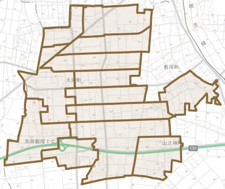 大原町とその周辺の地図。町の範囲を重ねている
